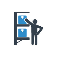 warehouse worker and storage shelf icon on white background