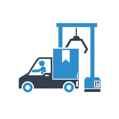 lorry truck and crane hook in port icon on white background