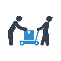 worker hauling trolley with a box icon on white background © bigpa