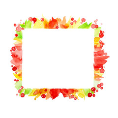Abstract colorful square frame of berries and colorful leaves. Watercolor illustration isolated on white background