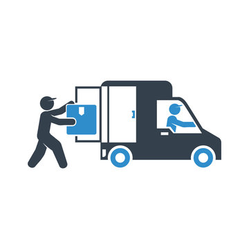 worker conveying, lifting a box in to truck for delivery concept icon on white background