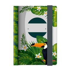 text book with tropical fauna print