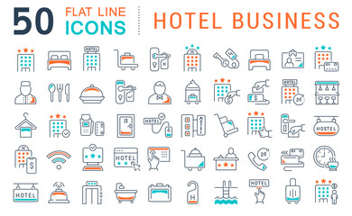 Set Vector Line Icons of Hotel Business - obrazy, fototapety, plakaty