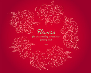 Floral frame design elements for your wedding invitation and greeting card. Hand drawn. Wreath of flowers. Outline style