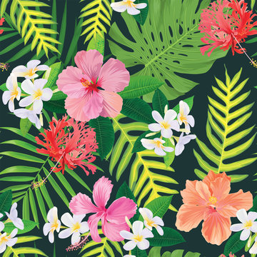Seamless pattern of colorful hibiscus flowers and tropical leaf background. Vector set of exotic tropical garden for holiday invitations, greeting card and fashion design. © mamsizz