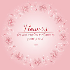 Wreath of roses or peonies flowers with azalea, pale pink and white colors. Floral frame design elements for your wedding invitation and greeting card. Hand drawn illustration. Line art. Sketch