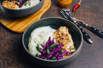 Buddha bowl dish with chicken fillet. Detox and healthy keto diet bowl concept.