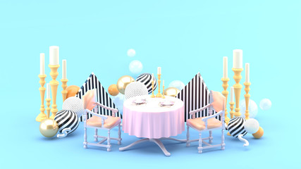 Dinner table and candle holder among colorful balls on blue background.-3d rendering.