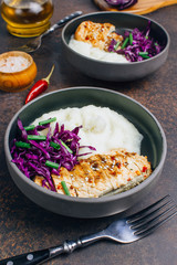 Buddha bowl dish with chicken fillet. Detox and healthy keto diet bowl concept.