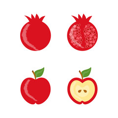 Vector apple, pomegranate icon set on white.