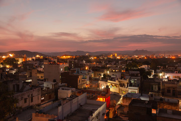 Roofs of Udaipur houses at night
