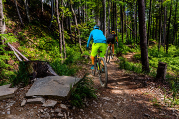Obraz premium Cycling woman and men riding on bikes at sunset mountains forest landscape. Couple cycling MTB enduro flow trail track. Outdoor sport activity.