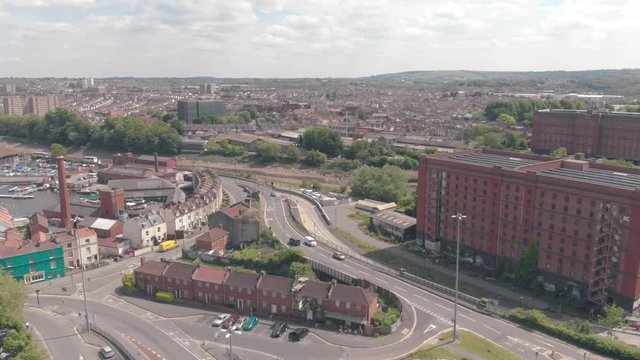 Drone footage of industrial city centre landscape in Bristol
