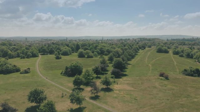 Green park space with trees & city visible on horizon