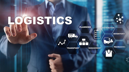 Logistic and transport concept. Businessman shows logistics diagram. Online goods orders. Goods delivery. Mixed media.