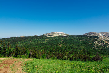 Fototapeta na wymiar Summer mountain landscape with clear blue sky and mountain with snow on horizon.