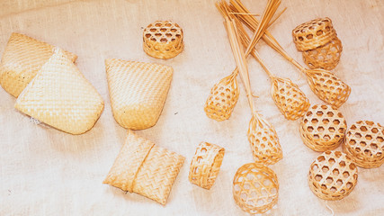 Set of Empty wicker basket on the table with a background in natural linen,Template mock up for display of product