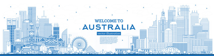 Outline Welcome to Australia Skyline with Blue Buildings. © BooblGum