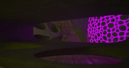 Abstract  Concrete Futuristic Sci-Fi interior With Pink And Green Glowing Neon Tubes . 3D illustration and rendering.