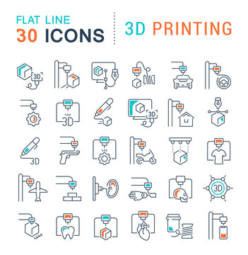 Set Vector Line Icons of 3D Printing