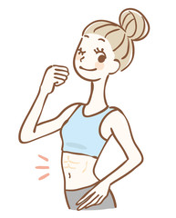 腹筋がわれている女性　ガッツポーズ