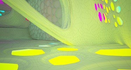 Abstract white Drawing Futuristic Sci-Fi interior With Colored Glowing Neon Tubes . 3D illustration and rendering.