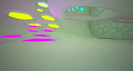 Abstract white Drawing Futuristic Sci-Fi interior With Colored Glowing Neon Tubes . 3D illustration and rendering.