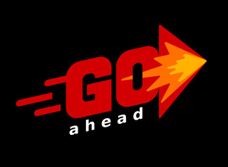 Word Go with arrow. Red vector lettering on black background