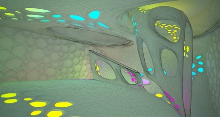 Abstract white Drawing Futuristic Sci-Fi interior With Colored Glowing Neon Tubes . 3D illustration and rendering.