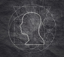 Mystical geometry symbol. Linear alchemy, occult, philosophical sign. For music album cover, poster, sacramental design. Astrology and religion concept. Outline silhouette of human head