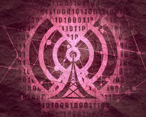 Wi Fi Symbol icon. Mobile gadgets technology relative image. Silhouette textured by lines and dots pattern. Binary code on backdrop