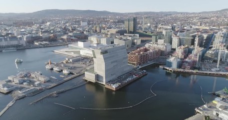 4K aerial video with pan motion of the Bjoervika district, the construction of the new Edvard Munch museum named Lambda and the Oslo Opera House and Theatre in the evening.