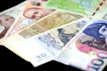 Georgian lari banknotes on a dark background close up