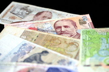 Georgian lari banknotes on a dark background close up