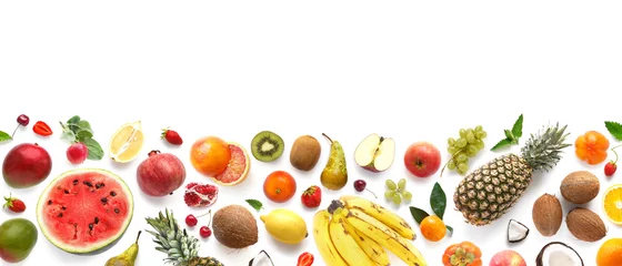 Foto op Canvas Banner van verschillende vruchten geïsoleerd op een witte achtergrond, bovenaanzicht, creatieve platte lay-out. Concept van gezond eten, voedsel achtergrond. Frame van fruit met ruimte voor tekst. © Tatiana Morozova