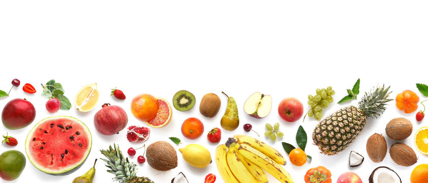 Banner from various fruits isolated on white background, top view, creative flat layout. Concept of healthy eating, food background. Frame of fruits with space for text.