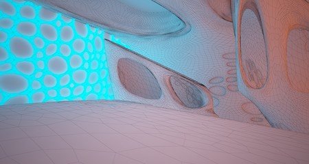 Abstract  white Drawing Futuristic Sci-Fi interior With Orange And Blue Glowing Neon Tubes . 3D illustration and rendering.
