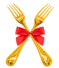 Noeud papillon rouge sur fourchettes dorées 
