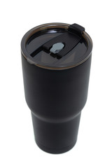 Black colour stainless steel tumbler or cold and hot storage cup isolated on white background.