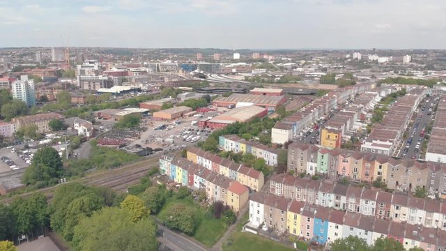 Drone footage of multicoloured terraced houses of Totterdown, Bristol