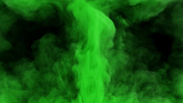 Green spreading colored smoke 3D animation. Abstract inky swirling colorful powder cloud for wipe transitions and overlay effects. Isolated paint fog explosion isolated on black. Alpha channel