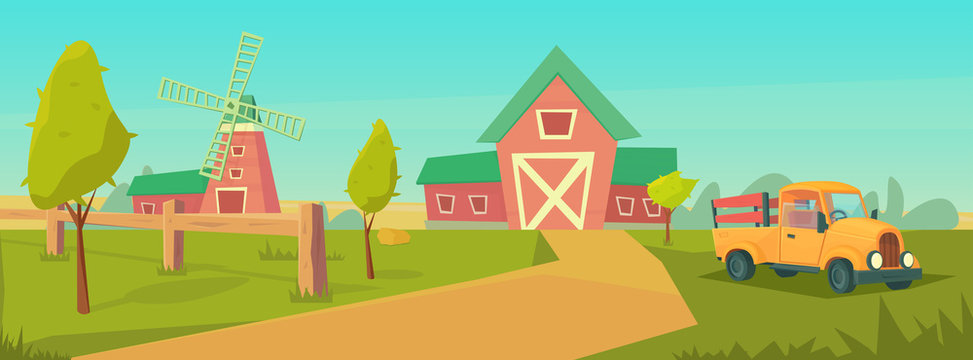 Agriculture. Farm rural landscape with orange truck, red barn, house and ranch, water tower and haystack.