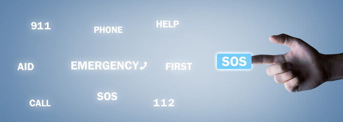 Hand pressing SOS button. Emergency, Call, Help