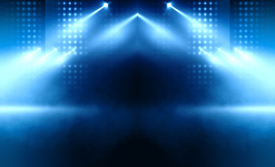 Background of empty stage show. Neon light and laser show. Laser futuristic shapes on a dark background. Abstract dark background with neon glow