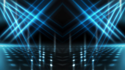 Background of empty stage show. Neon light and laser show. Laser futuristic shapes on a dark background. Abstract dark background with neon glow