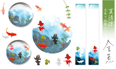 暑中見舞いやお中元の見出しに　夏　金魚の和風フレーム素材