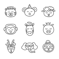 Set of cute doodle animal faces in scandinavian style isolated on white background.