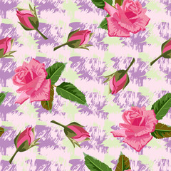 Seamless pattern with beautiful pink roses on colorful background of brush strokes. Flower background for textile, cover, wallpaper, gift packaging, printing.Romantic design. Vector.