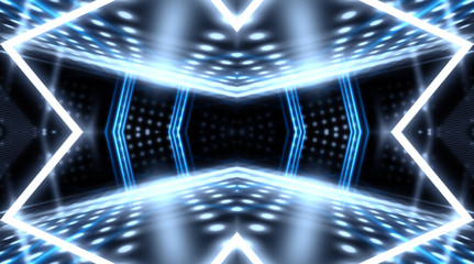 Background of empty stage show. Neon light and laser show. Laser futuristic shapes on a dark background. Abstract dark background with neon glow