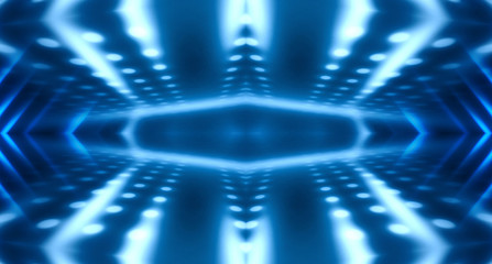 Background of empty stage show. Neon light and laser show. Laser futuristic shapes on a dark background. Abstract dark background with neon glow